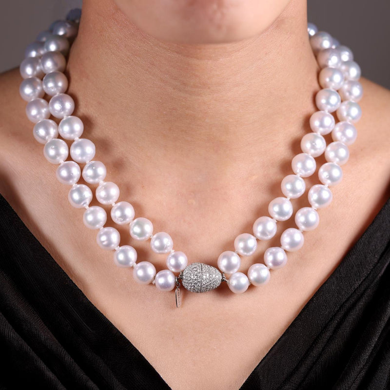 Two rows of 9-12mm south sea pearls necklace ended with 18ct white gold round brilliant cut diamonds clasp on the neck
