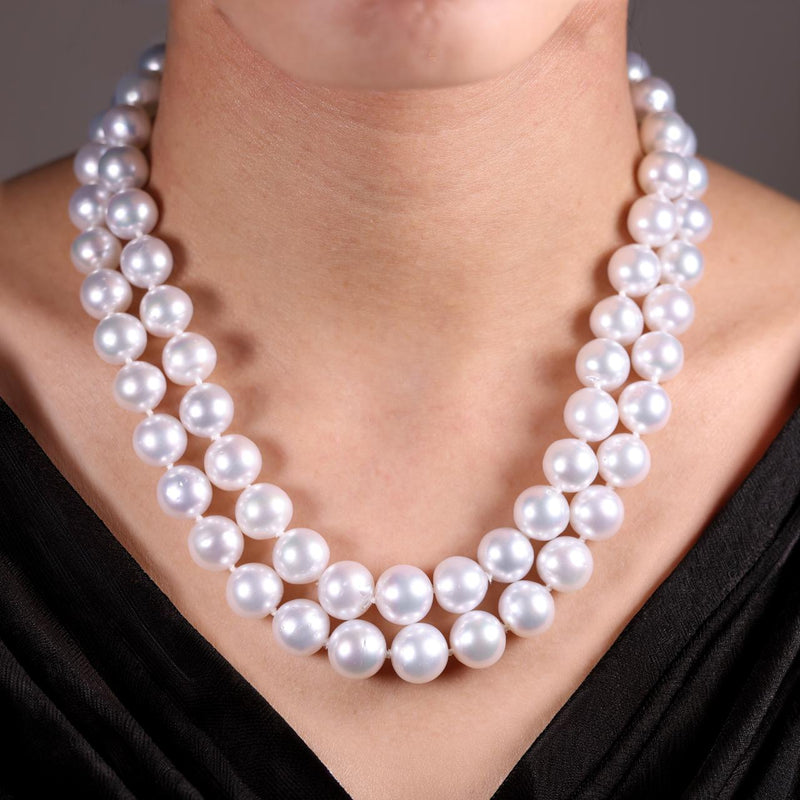 Two rows of 9-12mm south sea pearls necklace ended with 18ct white gold round brilliant cut diamonds clasp on the neck
