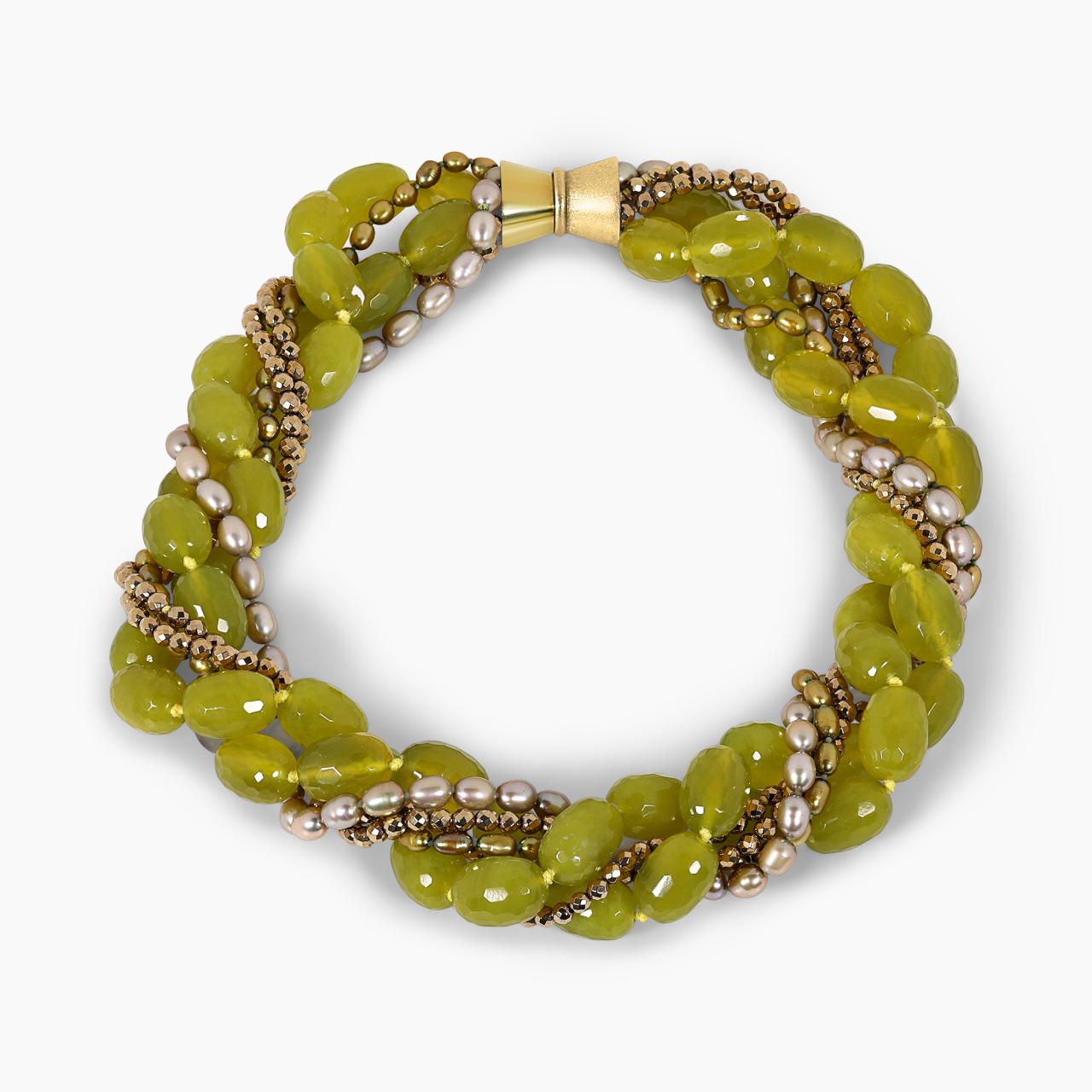 Two rows of green fresh water pearls, two rows of korean jade and two rows of gold plated hemitite beads necklace