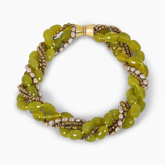 Two rows of green fresh water pearls, two rows of korean jade and two rows of gold plated hemitite beads necklace