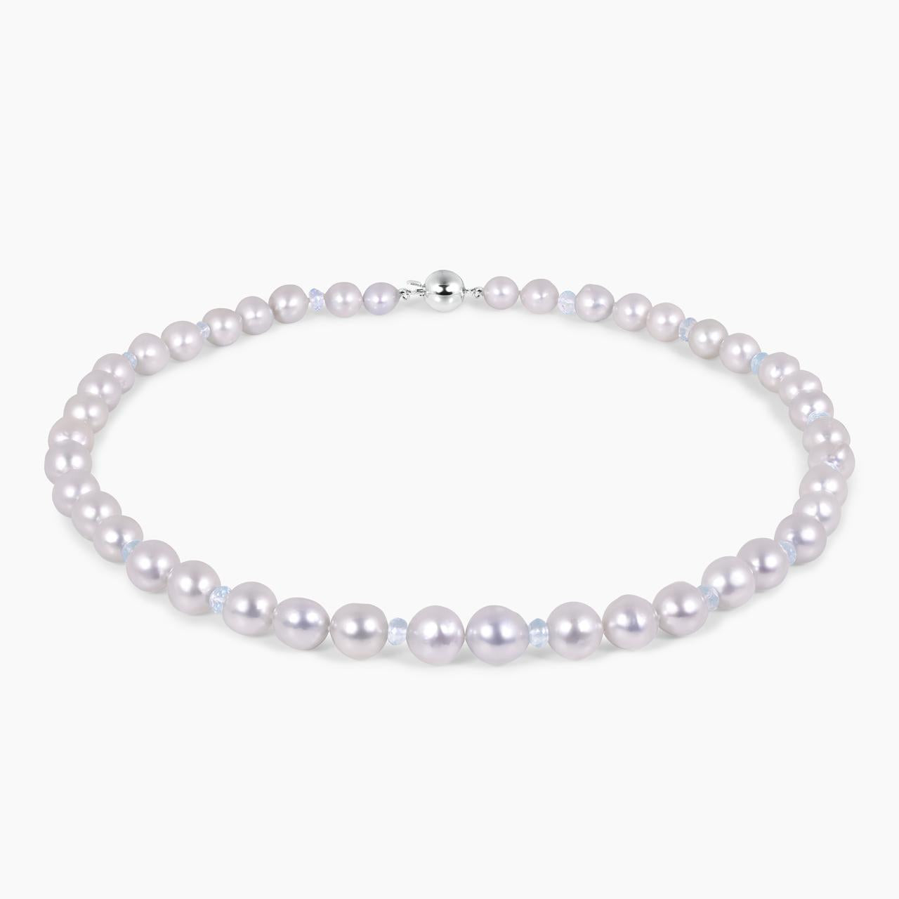 One row of semi baroque South Sea pearls, aquamarine beads necklace