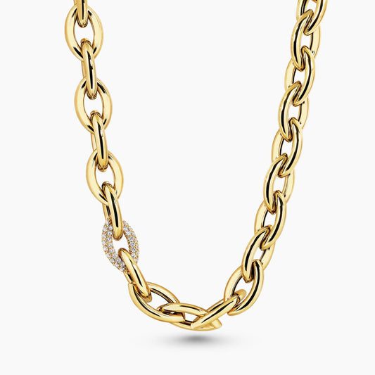 18ct yellow gold diamond set oval link chain necklace