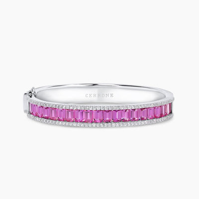 18ct white gold emerald cut pink sapphire and diamond hinged bangle