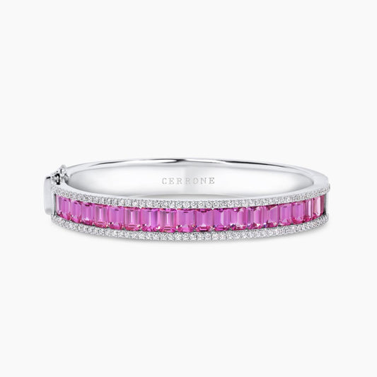 18ct white gold emerald cut pink sapphire and diamond hinged bangle