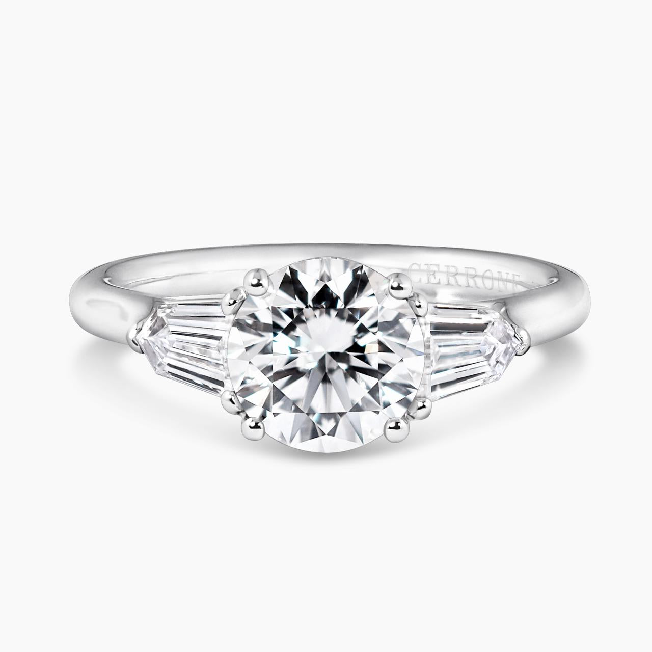 Platinum 1.50ct round brilliant cut diamond ring featuring 2=0.59ct bullet diamonds in a claw setting