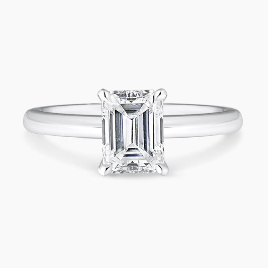 18ct white gold emerald cut diamond solitaire engagement ring in a four claw setting GIA Cert