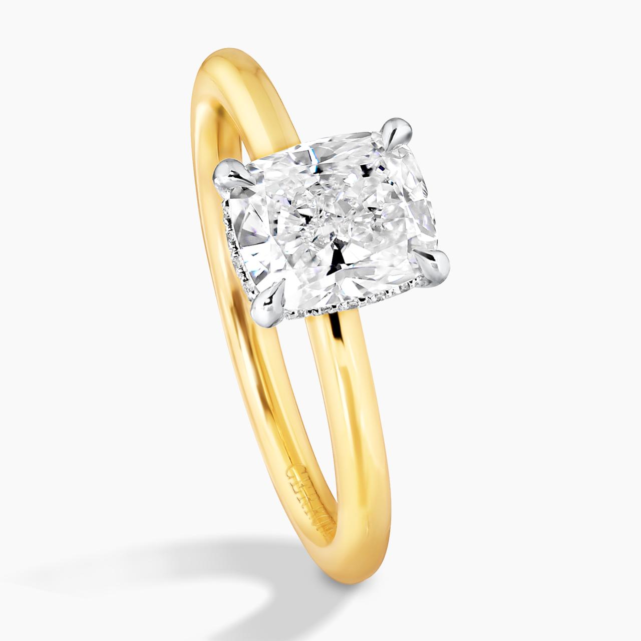 18ct yellow and white gold Cushion cut diamond ring with hidden halo side view
