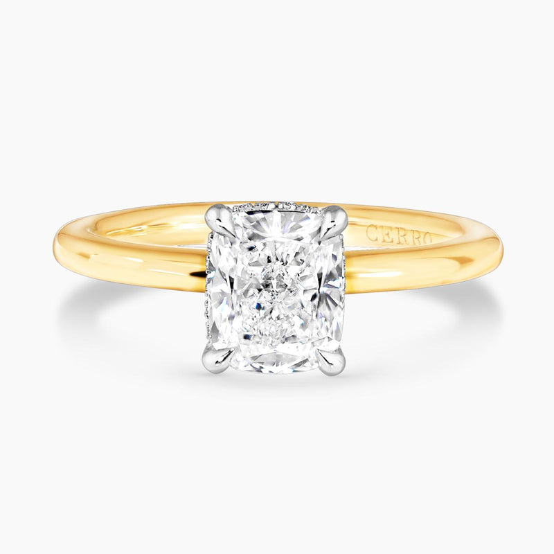 18ct yellow and white gold Cushion cut diamond ring with hidden halo