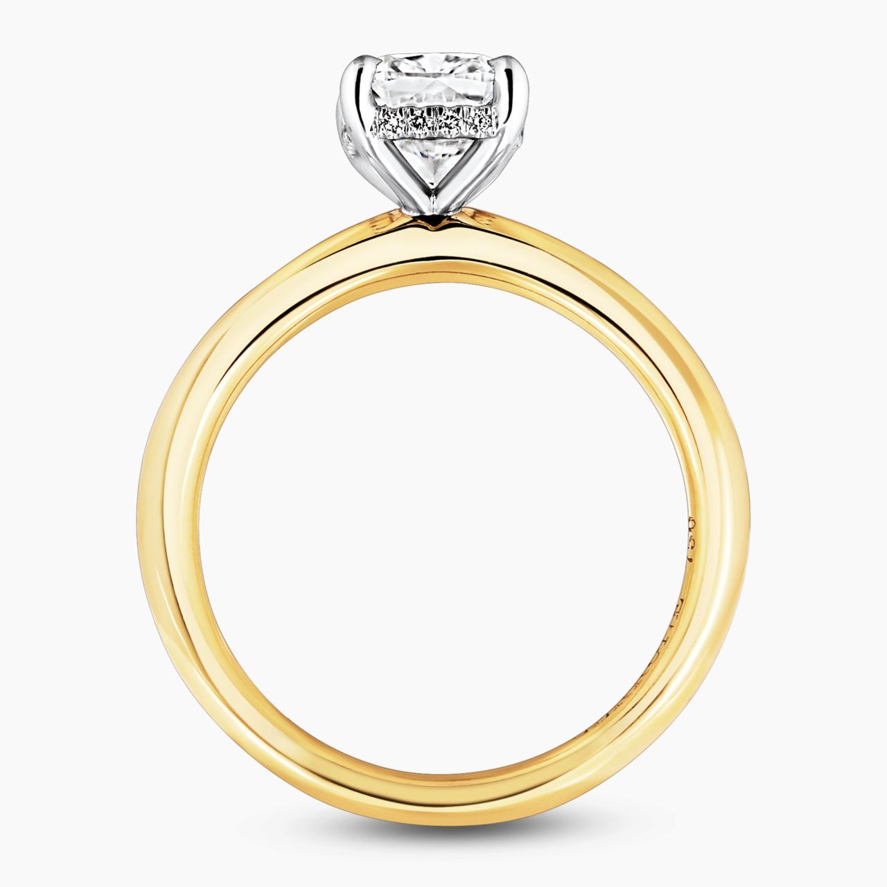 18ct yellow and white gold Cushion cut diamond ring with hidden halo side profile