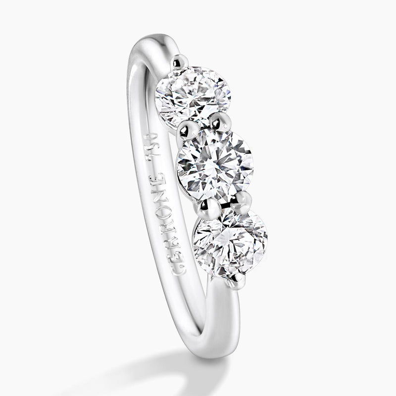 18ct white gold 3=1.01ct round brilliant cut diamonds ring in a claw setting side view
