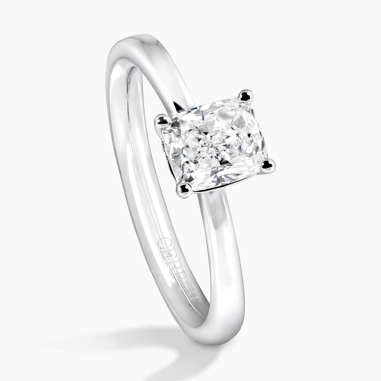 18ct white gold cushion cut diamond solitaire ring in a four claw setting side view