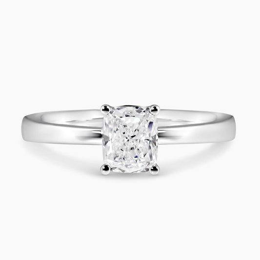 18ct white gold cushion cut diamond solitaire ring in a four claw setting