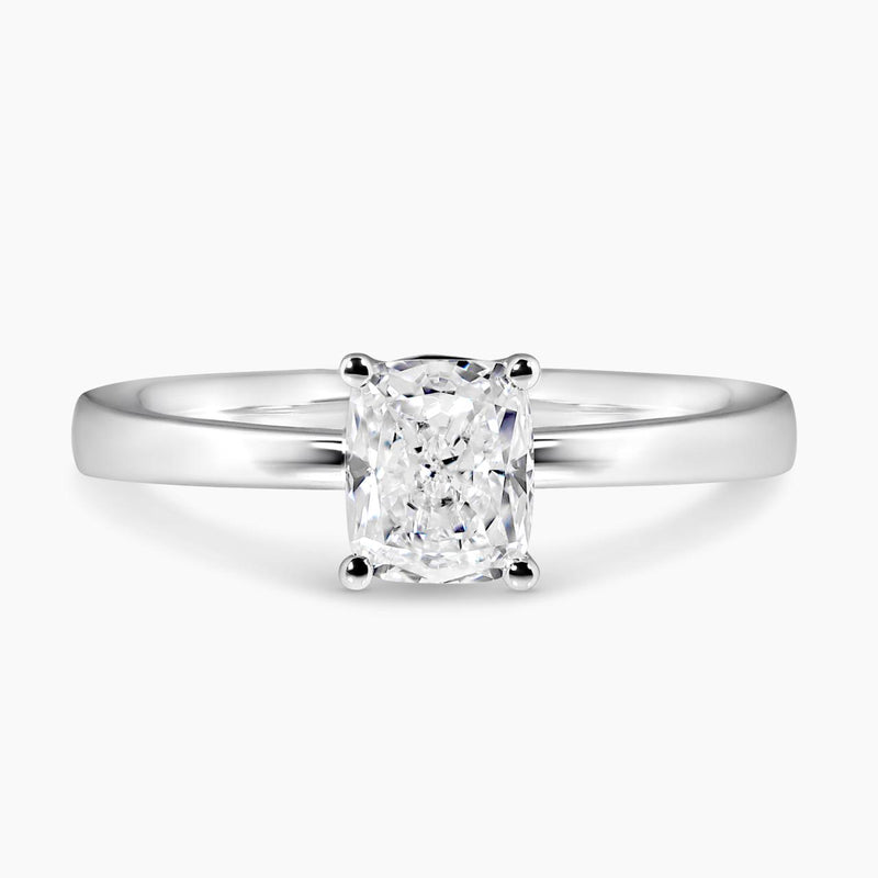 18ct white gold cushion cut diamond solitaire ring in a four claw setting