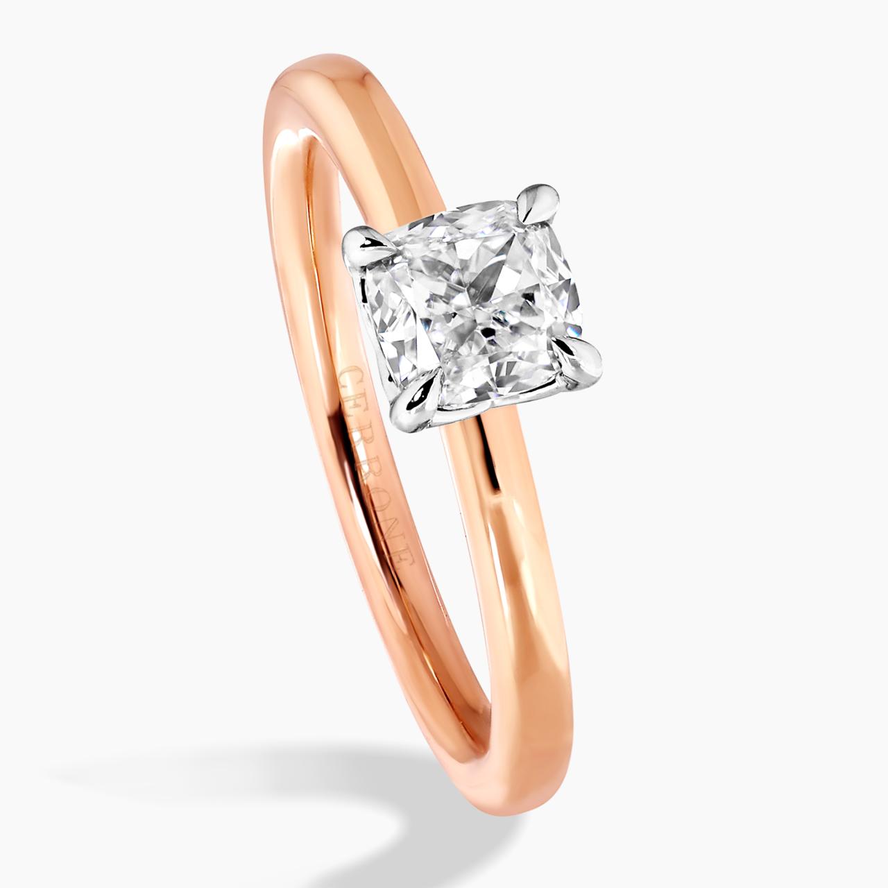 18ct rose gold 0.83ct cushion cut diamond solitaire ring in a four claw setting side view