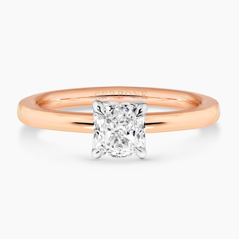 18ct rose gold 0.83ct cushion cut diamond solitaire ring in a four claw setting