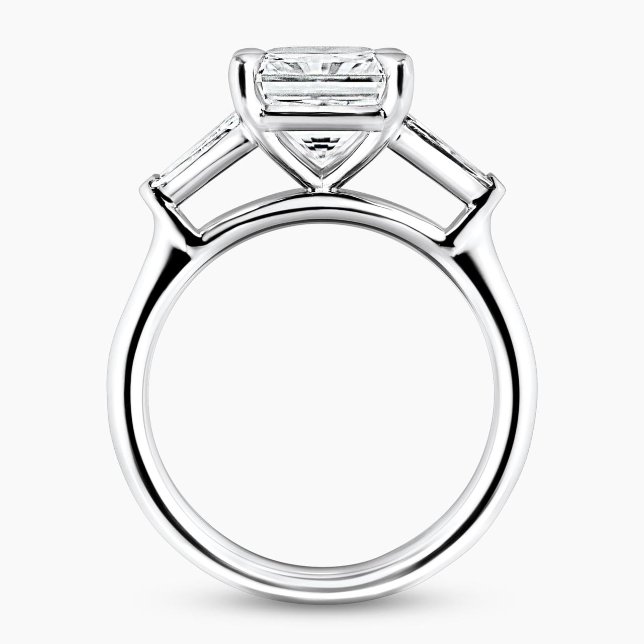 18ct white gold 3.01ct square radiant diamond and 2=0.38ct tapered baguette diamonds ring side profile