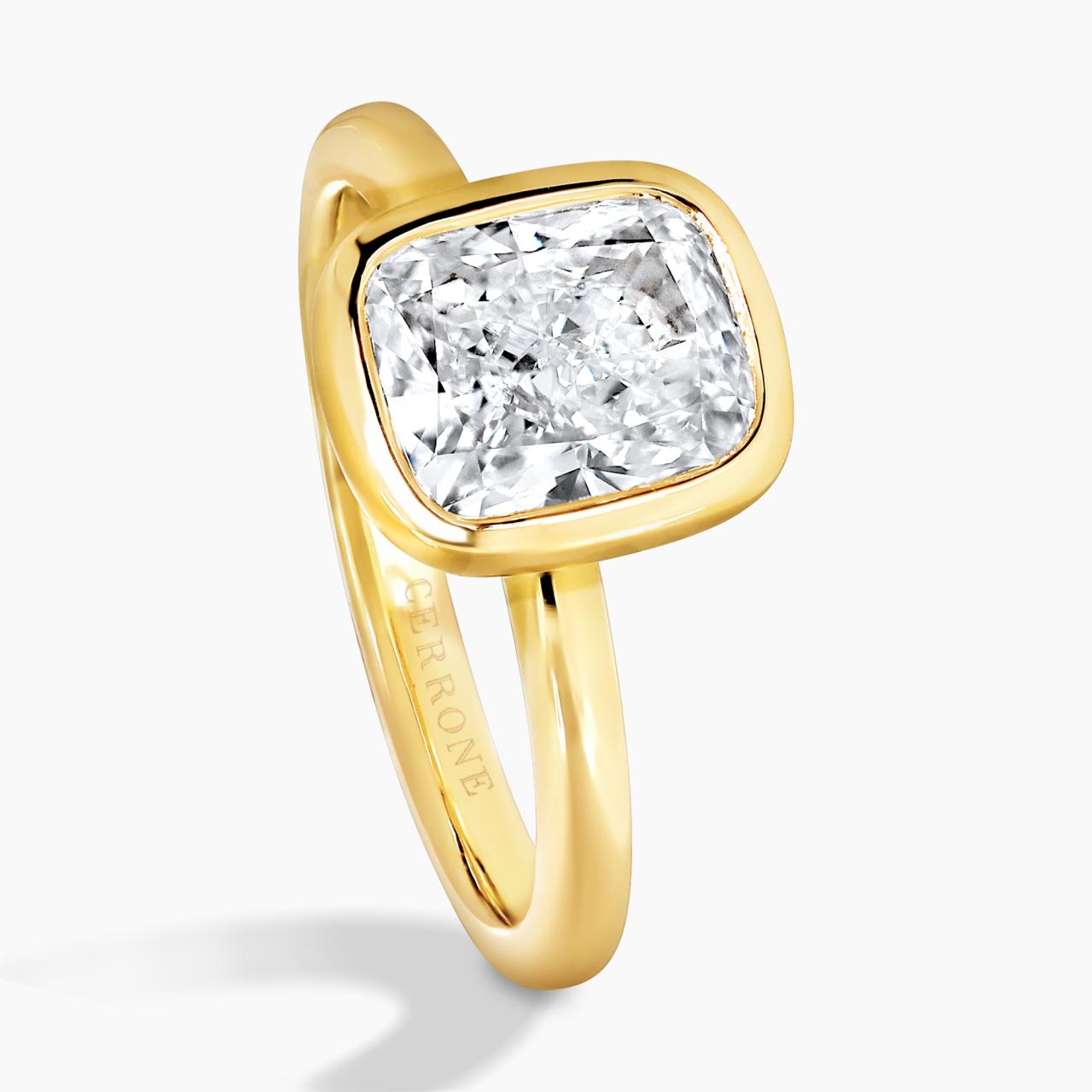 18ct yellow gold 2.11ct E VS1 cushion brilliant cut LAB Grown Diamond ring side profile