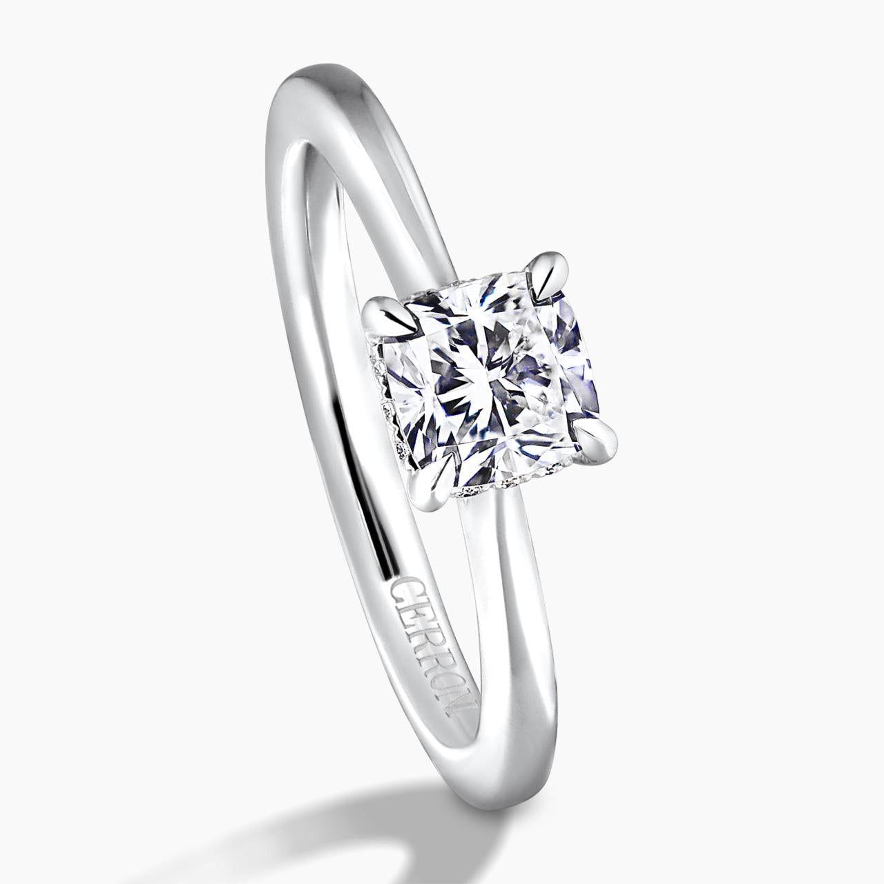 18ct white gold 0.80ct cushion cut diamond and 12=0.05ct round brilliant cut diamonds ring with hidden halo side view