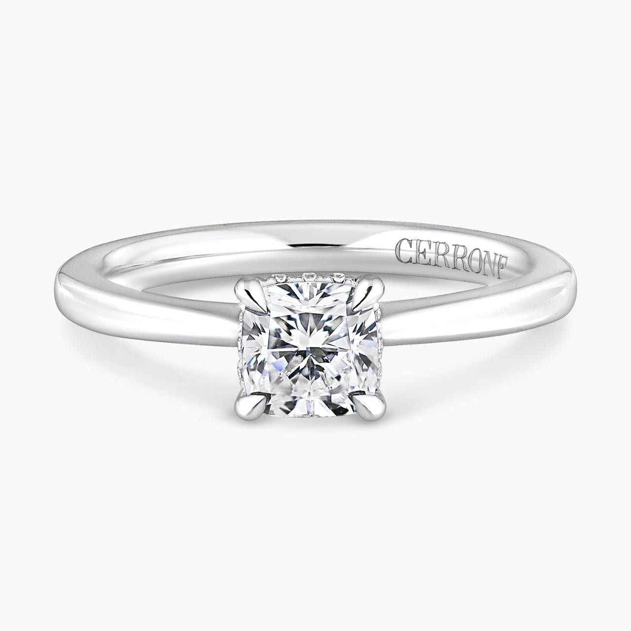 18ct white gold 0.80ct cushion cut diamond and 12=0.05ct round brilliant cut diamonds ring with hidden halo