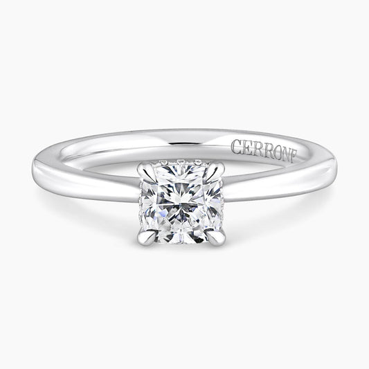 18ct white gold 0.80ct cushion cut diamond and 12=0.05ct round brilliant cut diamonds ring with hidden halo