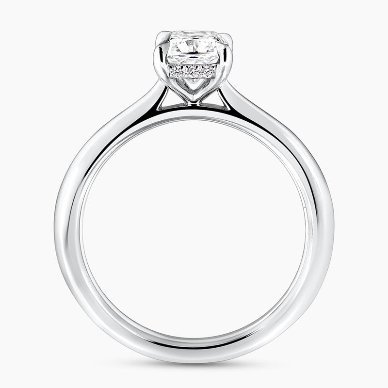 18ct white gold 0.80ct cushion cut diamond and 12=0.05ct round brilliant cut diamonds ring with hidden halo side profile