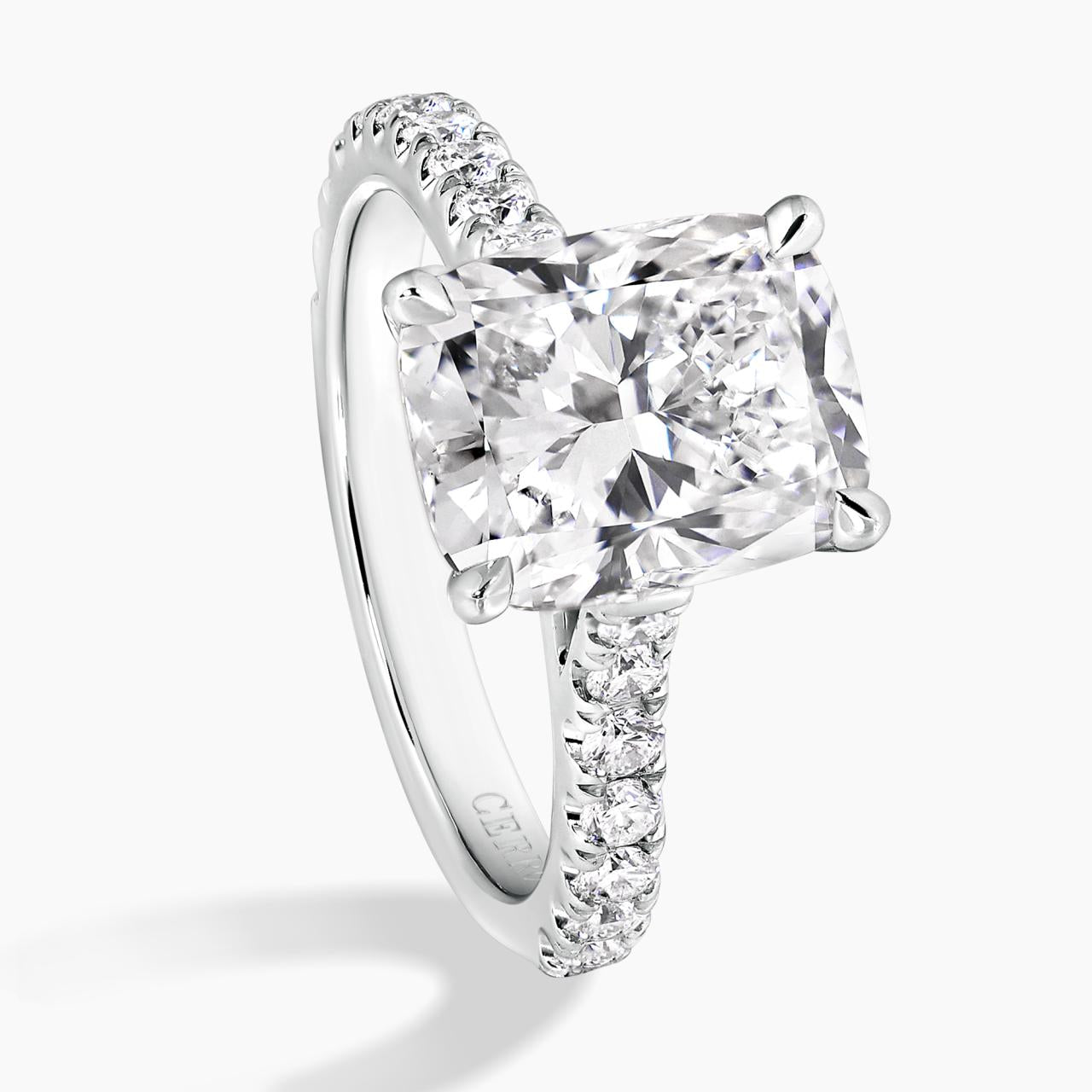 Platinum 2.61ct F VS1 LAB Grown cushion cut diamond ring with Lab diamonds band  side view