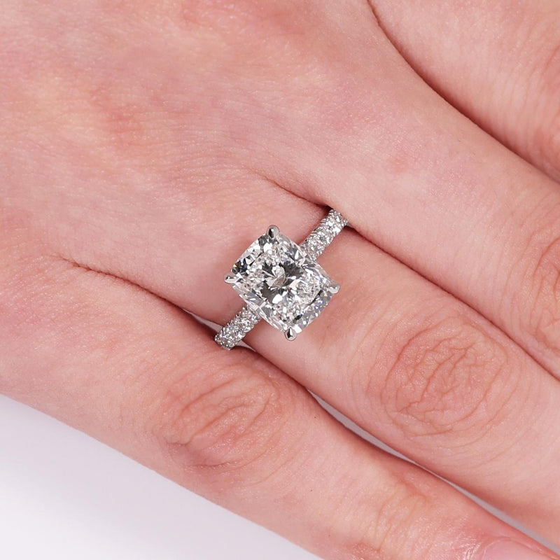 Platinum 2.61ct F VS1 LAB Grown cushion cut diamond ring with Lab diamonds band  on finger