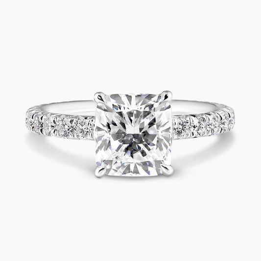 18ct white gold 2.02ct cushion cut diamond ring in a four claw setting with diamond band