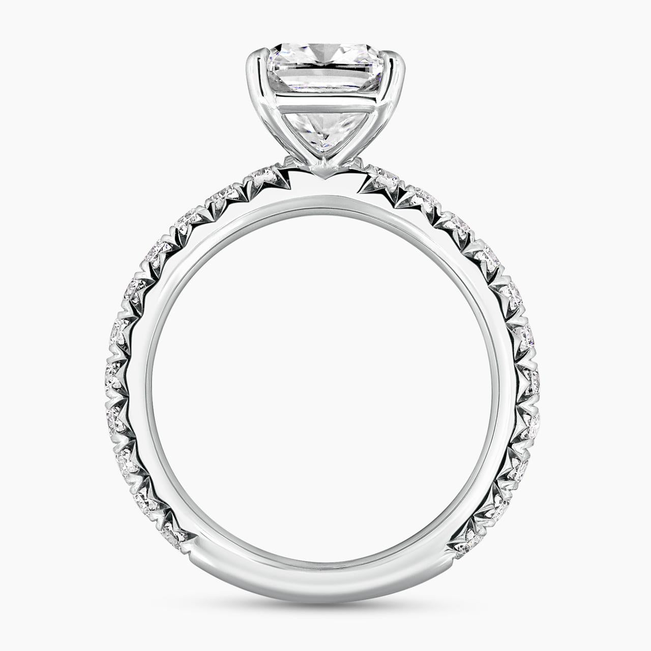 18ct white gold 2.02ct cushion cut diamond ring in a four claw setting with diamond band side profile