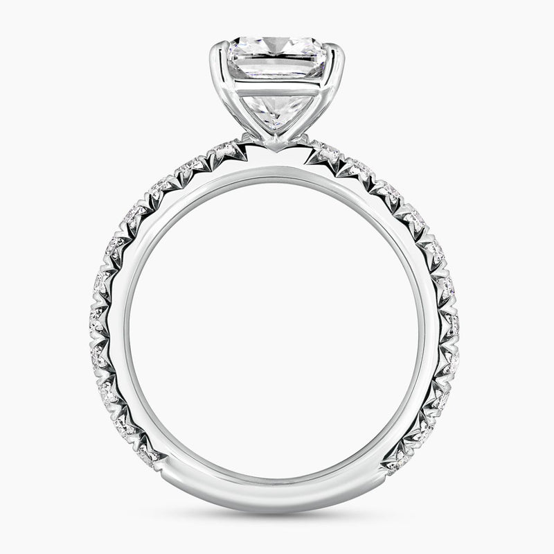 18ct white gold 2.02ct cushion cut diamond ring in a four claw setting with diamond band side profile