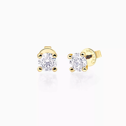 18ct yellow gold 2=2.00ct DEF VVS VS round brilliant cut lab grown diamonds stud earrings in a four claw setting