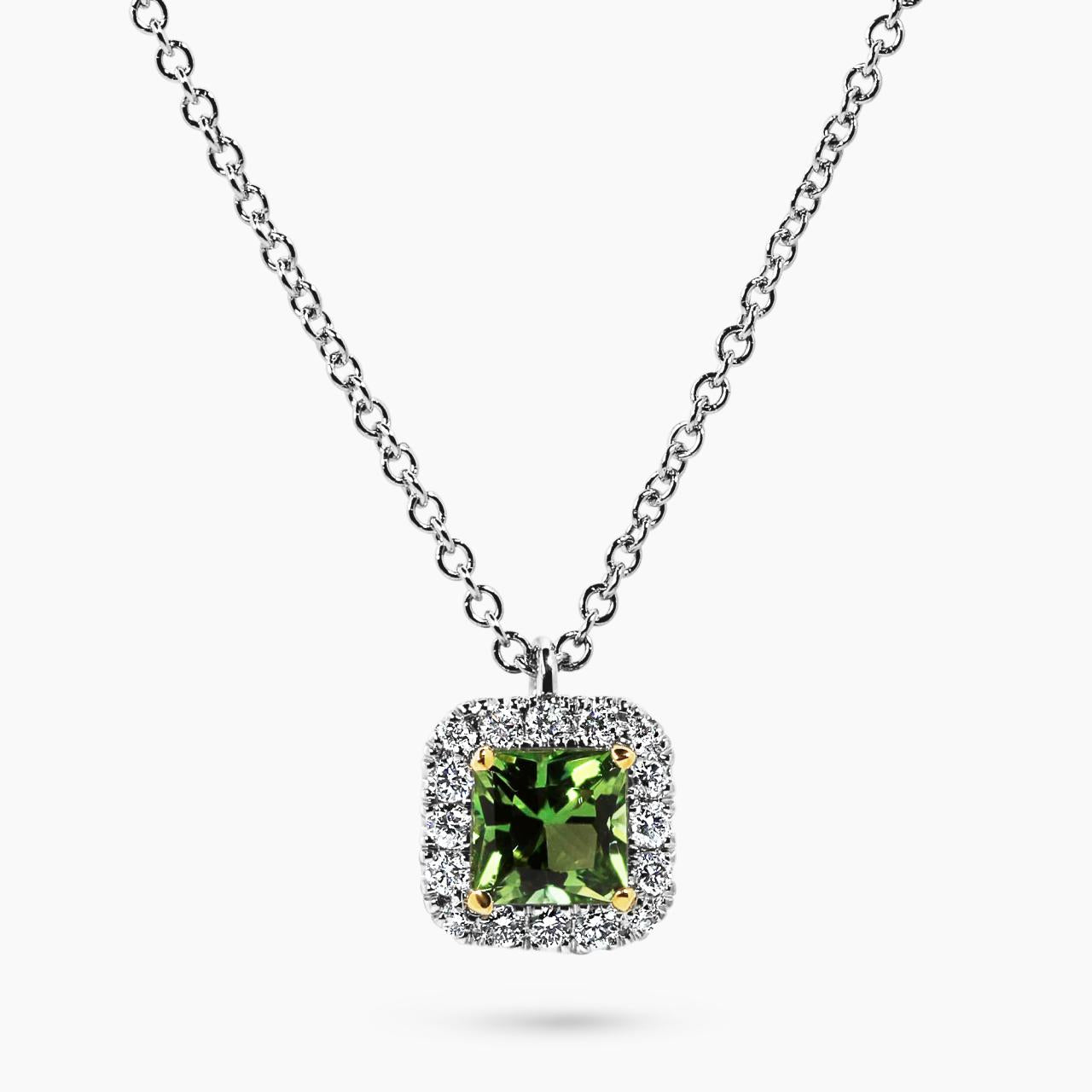 18ct white and yellow gold Asscher cut Tanzanian green tourmaline and diamond necklace