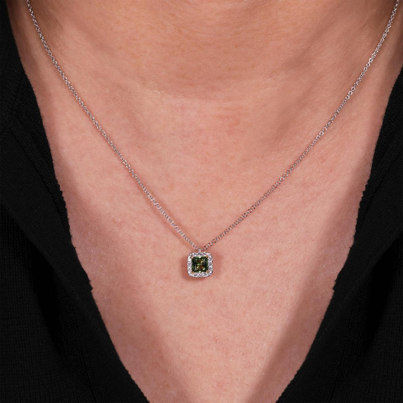 18ct white and yellow gold Asscher cut Tanzanian green tourmaline and diamond necklace on the neck