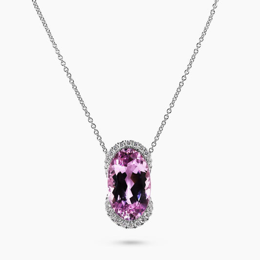 18ct white gold oval kunzite and diamond necklace