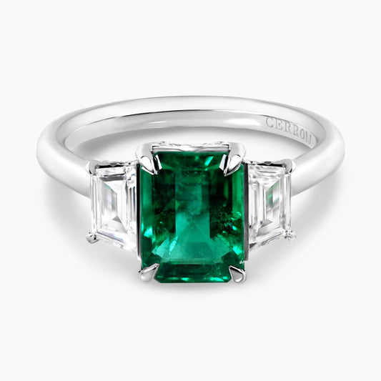 18ct white gold emerald cut brazilian emerald and trapezoid diamonds ring