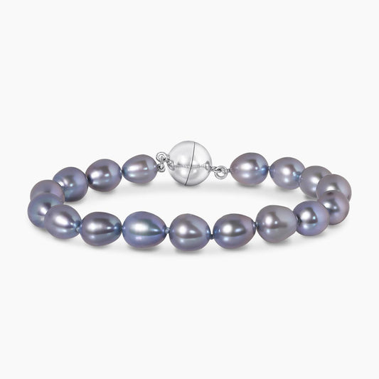 Fresh water dyed pearl bracelet features a silver rhodium plated magnetic ball clasp