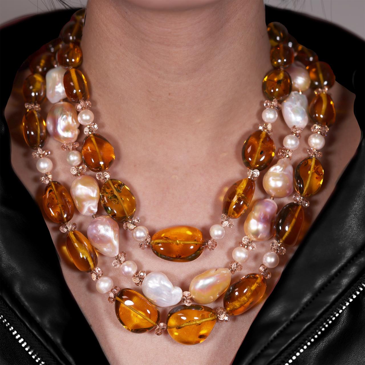 Baroque freshwater pearls, amber and topaz beads necklace with gold-plated silver fittings from the Carmela Cerrone Collection