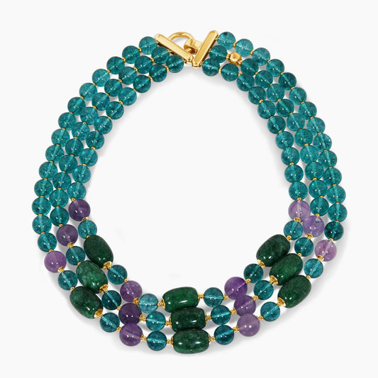 Amethyst, jade and quartz beads necklace with gold-plated silver fittings from the Carmela Cerrone Collection on white background