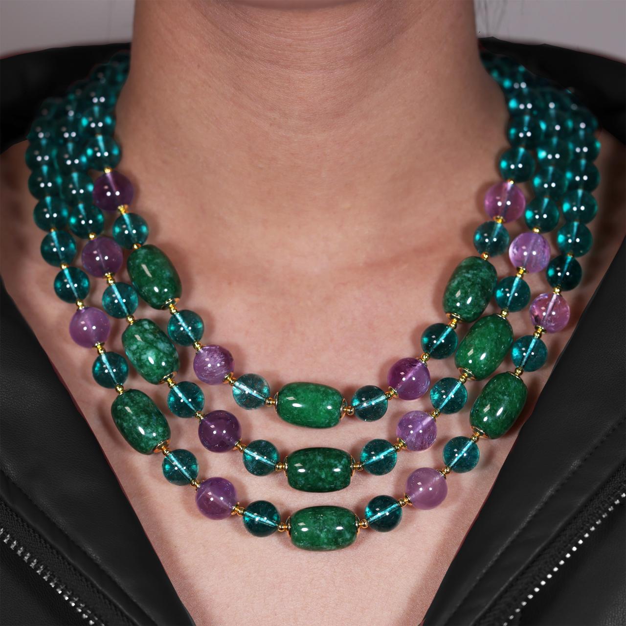 Amethyst, jade and quartz beads necklace with gold-plated silver fittings from the Carmela Cerrone Collection