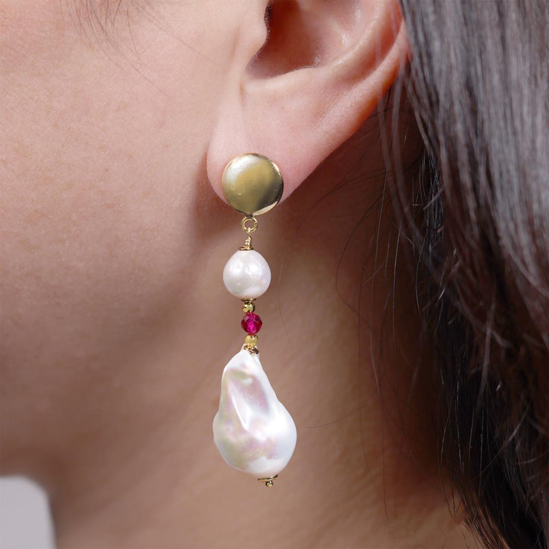 Baroque freshwater pearls and rubellite beads earrings with gold-plated silver fittings on the ear