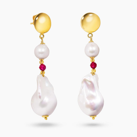 Baroque freshwater pearls and rubellite beads earrings with gold-plated silver fittings from The Carmela Cerrone Collection
