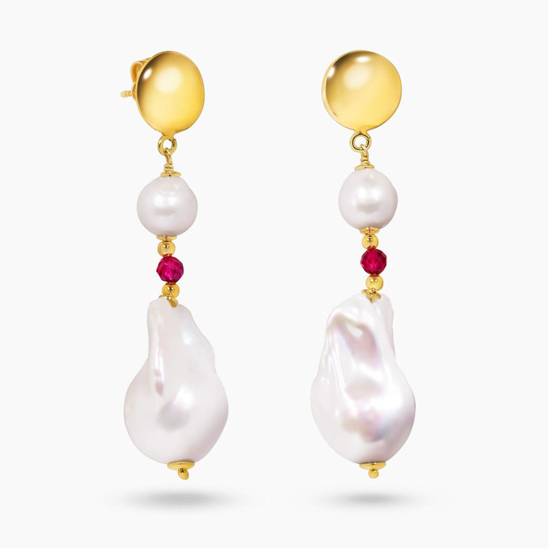 Baroque freshwater pearls and rubellite beads earrings with gold-plated silver fittings from The Carmela Cerrone Collection