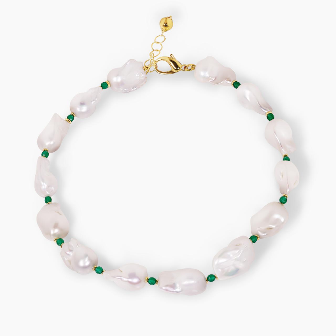 Baroque freshwater pearls and green agate beads necklace with gold-plated silver fittings from the Carmela Cerrone Collection