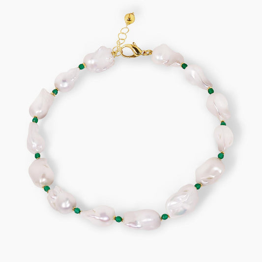 Baroque freshwater pearls and green agate beads necklace with gold-plated silver fittings from the Carmela Cerrone Collection