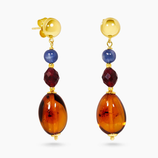 Amber, kyanite and garnet beads drop earrings with gold-plated silver fittings from the Carmela Cerrone Collection on a white background