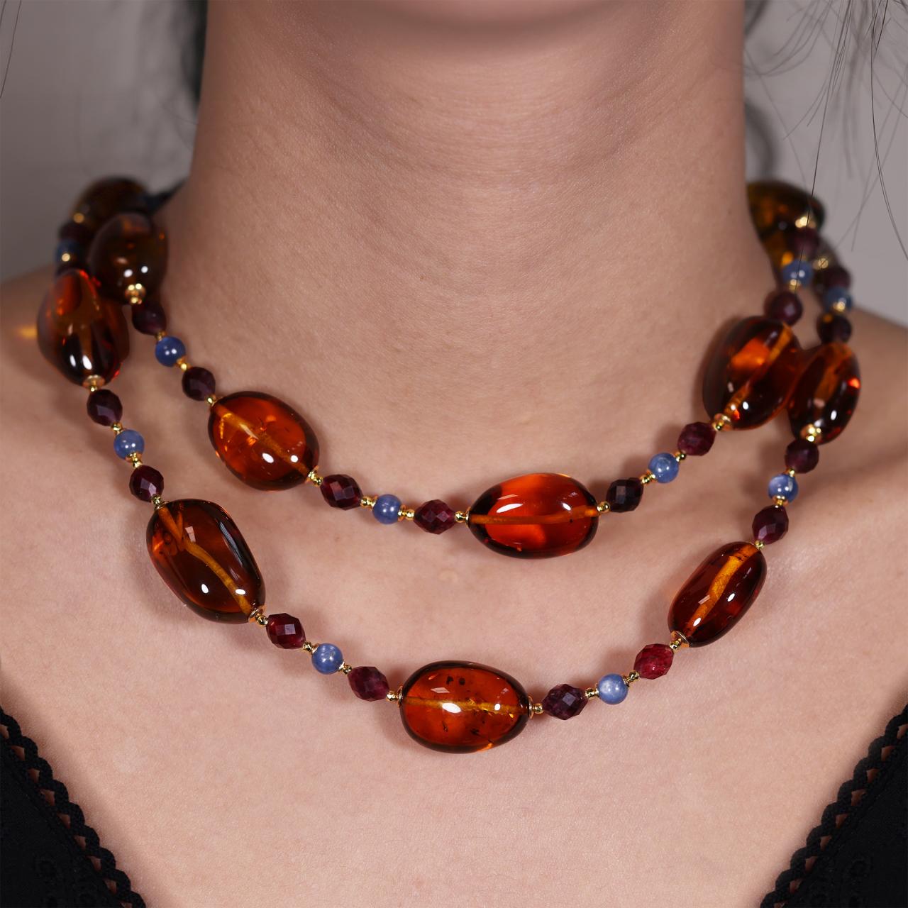 Amber, kyanite and garnet beads necklace with gold-plated silver fittings from the Carmela Cerrone Collection