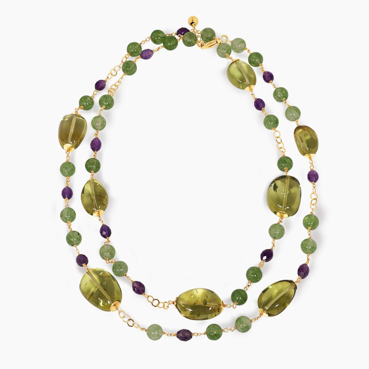 Amber, Jade and Amethyst beads necklace with gold-plated silver fittings on a white background