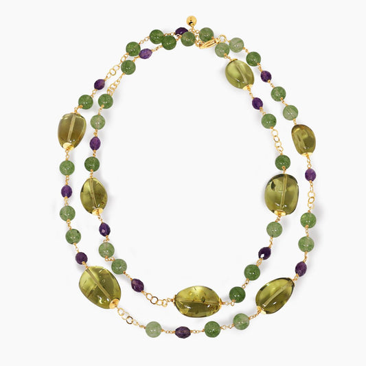 Amber, Jade and Amethyst beads necklace with gold-plated silver fittings on a white background