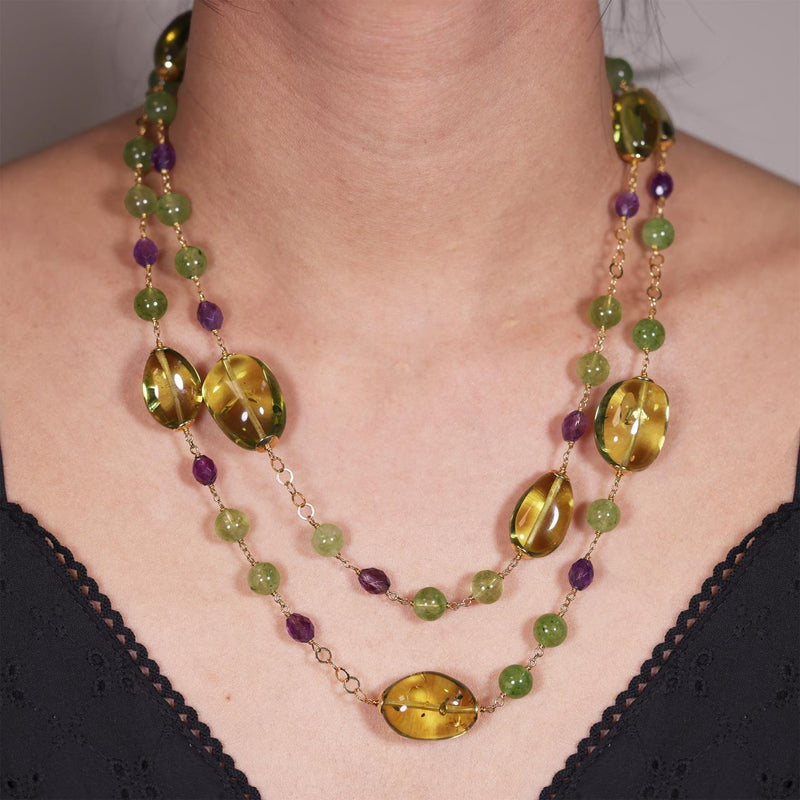Amber, Jade and Amethyst beads necklace with gold-plated silver fittings on the neck