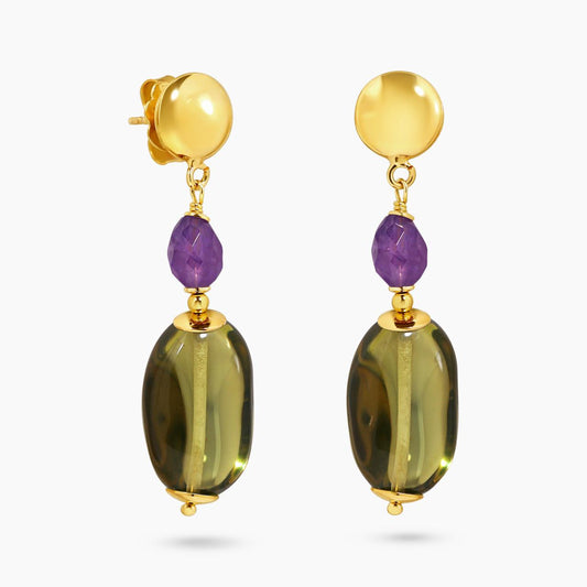 Amethyst and Amber beads drop earrings with gold-plated silver fittings on a white background